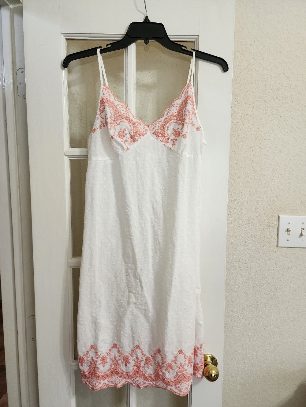Shabby Chic White Pink Embroidered Slip Dress Cottagecore M Swiss Dot Lace
